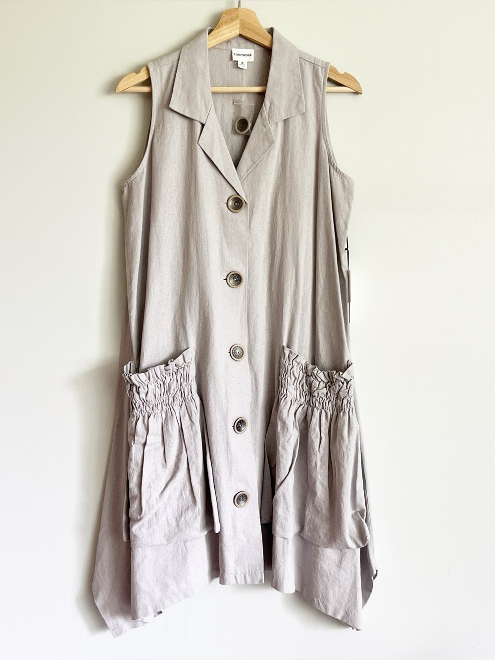 For Cynthia Dress Sz M Linen Blend Gray Handkerchief Hem Button Front Lagenlook
